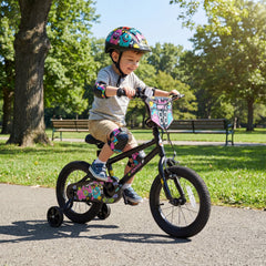 14 Inch Kids Bike with Training Wheels and Number Plate, Black