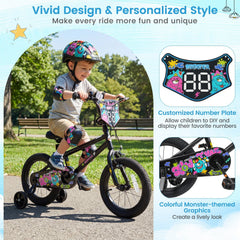 14 Inch Kids Bike with Training Wheels and Number Plate, Black