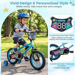 14 Inch Kids Bike with Training Wheels and Number Plate, Blue