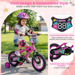 14 Inch Kids Bike with Training Wheels and Number Plate, Pink
