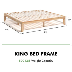 14 Inch King Size Wood Platform Bed Frame with 14 Bar Slat Support, Natural