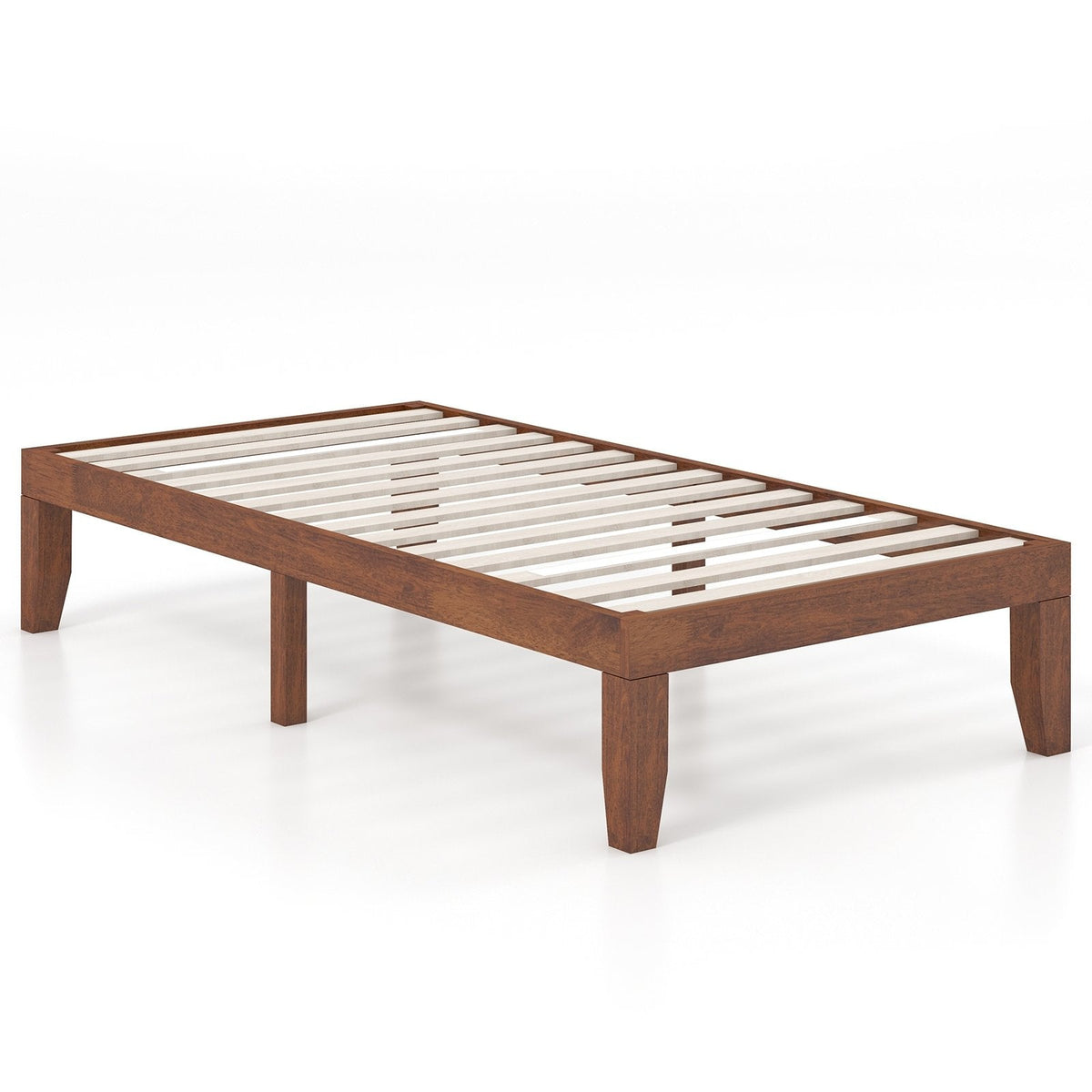 14 Inch Twin Size Rubberwood Platform Bed Frame with 14 Slats and 250 lb Capacity, Walnut
