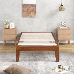 14 Inch Twin Size Rubberwood Platform Bed Frame with 14 Slats and 250 lb Capacity, Walnut