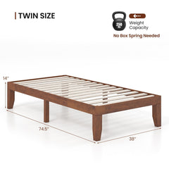 14 Inch Twin Size Rubberwood Platform Bed Frame with 14 Slats and 250 lb Capacity, Walnut