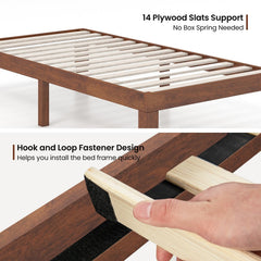 14 Inch Twin Size Rubberwood Platform Bed Frame with 14 Slats and 250 lb Capacity, Walnut