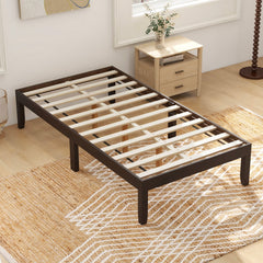 14 Inch Twin Wood Platform Bed Frame with 12 Plywood Slats and Adjustable Foot Pads, Espresso
