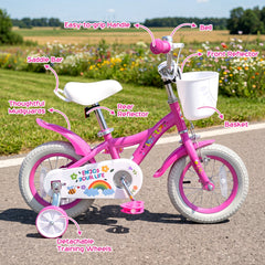 14 Inch Girls Bike with Basket, Bell and Training Wheels, Pink
