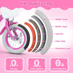 14 Inch Girls Bike with Basket, Bell and Training Wheels, Pink