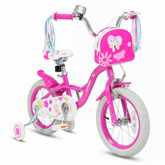 14 Inch Girls Bike with Front Bag, Streamers and Training Wheels, Pink
