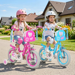 14 Inch Girls Bike with Front Bag, Streamers and Training Wheels, Pink