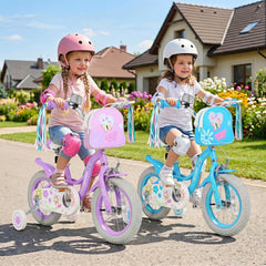 14 Inch Girls Bike with Front Bag, Streamers and Training Wheels, Purple