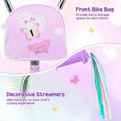 14 Inch Girls Bike with Front Bag, Streamers and Training Wheels, Purple