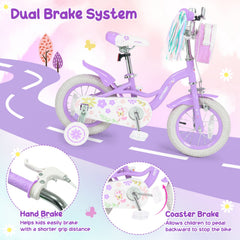14 Inch Girls Bike with Front Bag, Streamers and Training Wheels, Purple