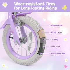 14 Inch Girls Bike with Front Bag, Streamers and Training Wheels, Purple