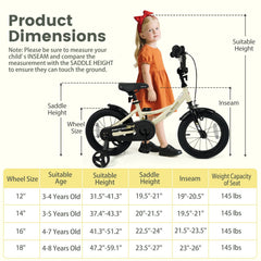 14 Inch Kids Sport Bike with Removable Training Wheels and All Terrain Tires, Cream