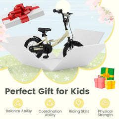 14 Inch Kids Sport Bike with Removable Training Wheels and All Terrain Tires, Cream