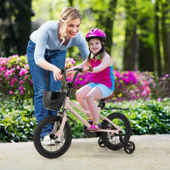 14 Inch Kids Bike with Basket, Bell and Detachable Training Wheels, Pink