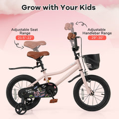 14 Inch Kids Bike with Basket, Bell and Detachable Training Wheels, Pink