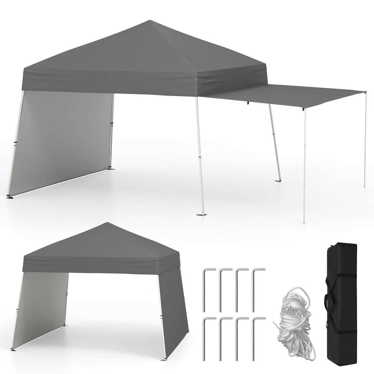 14 x 9.2 Feet Pop up Canopy Tent with 2 Convertible Sidewalls to Awning and Stakes-Gray