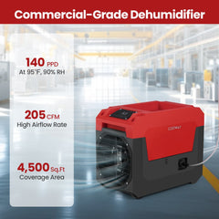 140 Pint Commercial Dehumidifier with Pump and 16.5 ft Hose, Auto Defrost, 55.5 lb, Red and Black