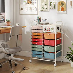 14-Drawer Rolling Storage Cart with Metal Tabletop and Pegboard-Macaron