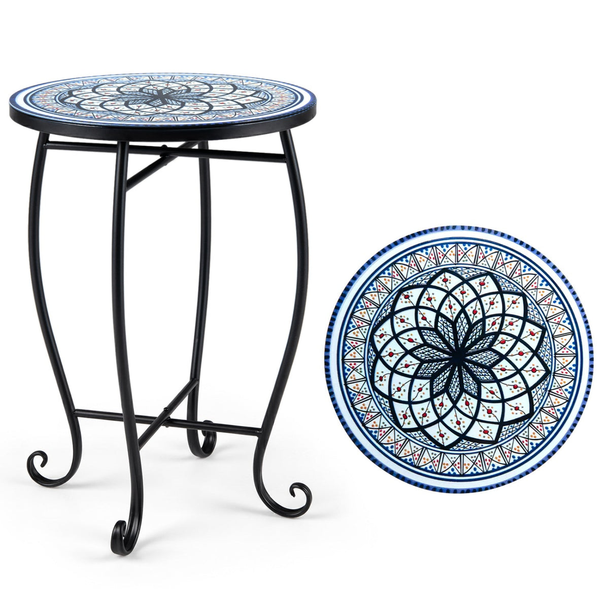 14 inches Floral Clover/Blooming Lotus/Bright Sunflower Mosaic Patio Accent Coffee End Table-White