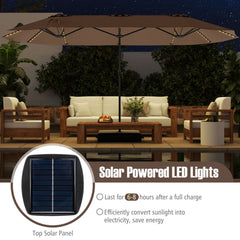 15.5 FT Extra-Large Patio Umbrella with LED Solar Lights and Crank Handle-Brown
