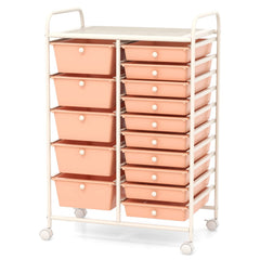 15-Drawer Utility Rolling Organizer Cart Multi-Use Storage-Peach