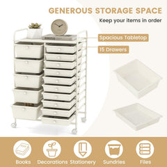 15-Drawer Utility Rolling Organizer Cart Multi-Use Storage-White