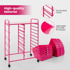 15-Drawer Utility Rolling Organizer Cart MultiUse Storage-Pink