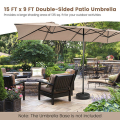15 Feet Double-Sized Patio Umbrella with Crank Handle and Vented Tops-Brown