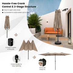 15 Feet Double-Sized Patio Umbrella with Crank Handle and Vented Tops-Brown