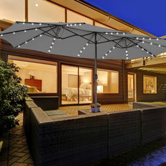 15 Feet Twin Patio Umbrella with 48 Solar LED Lights-Gray