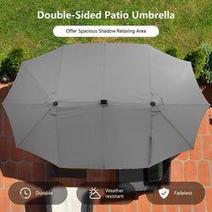 15 Feet Twin Patio Umbrella with 48 Solar LED Lights-Gray