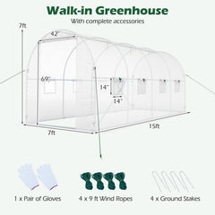 15 x 7 x 7 ft Walk-in Tunnel Greenhouse for Outdoors-White