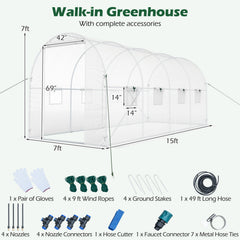 15 x 7 x 7 ft Walk-in Tunnel Greenhouse with Watering System-White