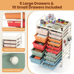 15-Drawer Rolling Storage Cart with Metal Tabletop and Pegboard-Macaron