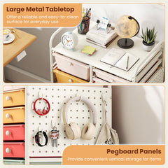 15-Drawer Rolling Storage Cart with Metal Tabletop and Pegboard-Macaron