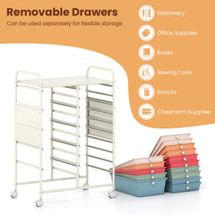 15-Drawer Rolling Storage Cart with Metal Tabletop and Pegboard-Macaron
