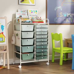 15-Drawer Rolling Storage Cart with Metal Tabletop and Pegboard-Green