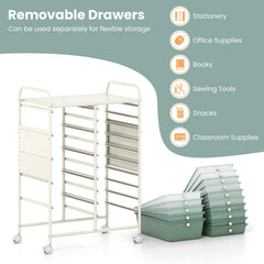 15-Drawer Rolling Storage Cart with Metal Tabletop and Pegboard-Green