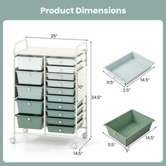 15-Drawer Rolling Storage Cart with Metal Tabletop and Pegboard-Green