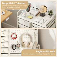 15-Drawer Rolling Storage Cart with Metal Tabletop and Pegboard-White