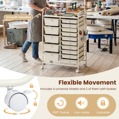 15-Drawer Rolling Storage Cart with Metal Tabletop and Pegboard-White