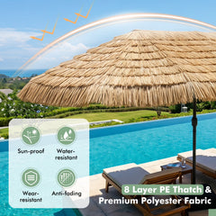 15 x 9 FT Double-sided Thatched Tiki Patio Umbrella with Crank Handle and 12 Sturdy Ribs-Brown