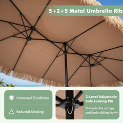 15 x 9 FT Double-sided Thatched Tiki Patio Umbrella with Crank Handle and 12 Sturdy Ribs-Brown