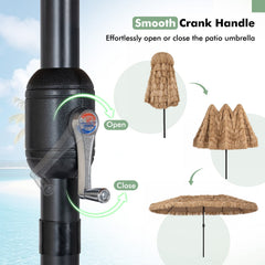 15 x 9 FT Double-sided Thatched Tiki Patio Umbrella with Crank Handle and 12 Sturdy Ribs-Brown