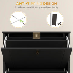 Narrow Shoe Storage with 3 Flip Drawers and Adjustable Shelves, Shoe Cabinet Organizer for 12 Pairs of Shoes, Black