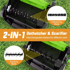 16-Inch Electric Lawn Dethatcher and Scarifier with Collection Bag-Green