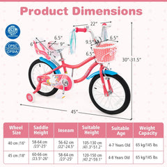 16 Inch Girls Bike with Doll Seat, Basket and Training Wheels, Pink